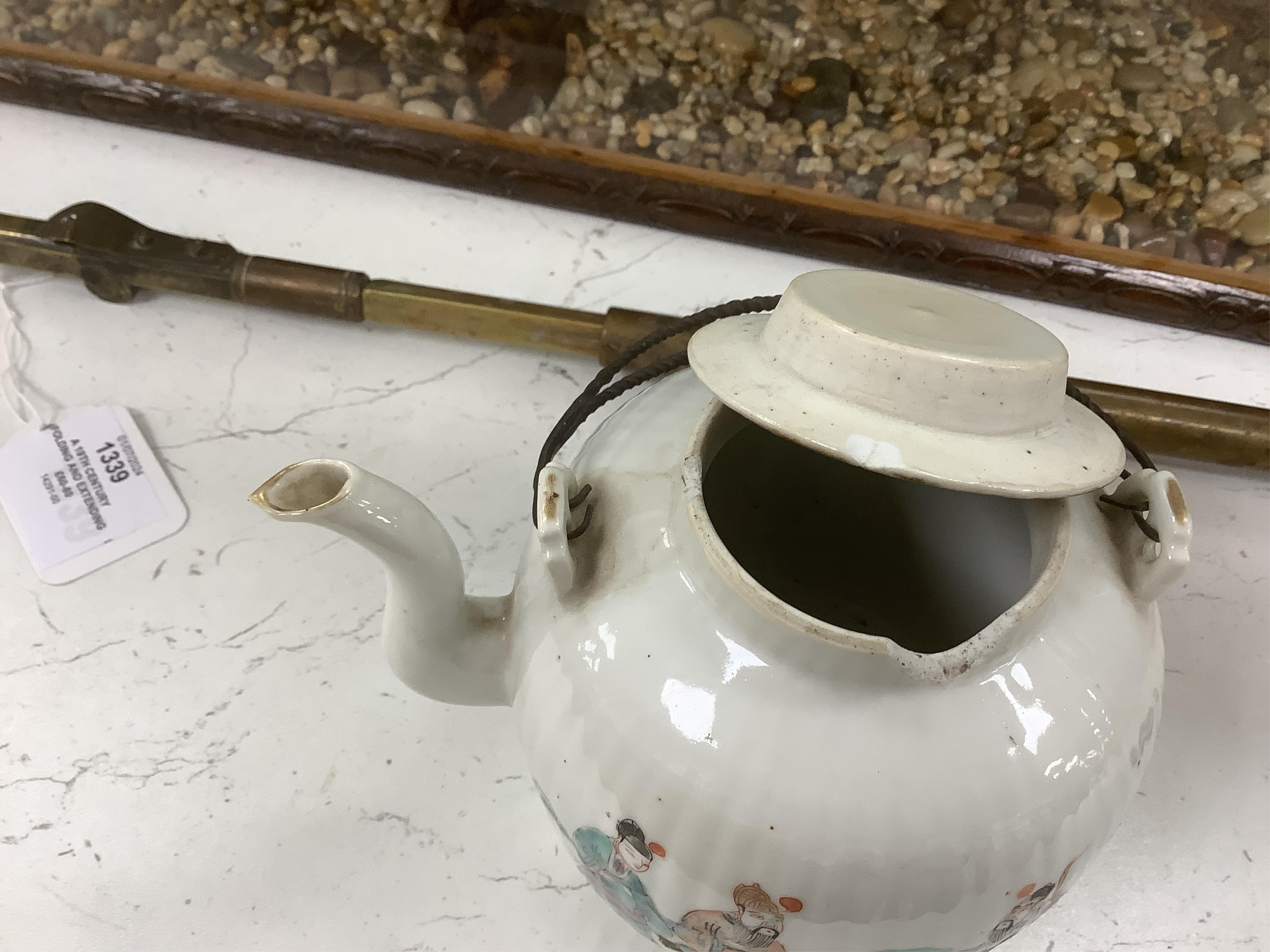 Chinese ceramics to include a teapot and a set of five dishes, 19th/20th century, largest 15cm wide. Condition - poor